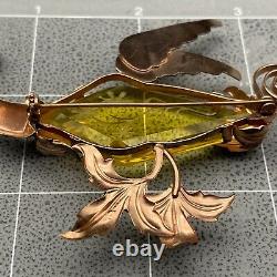 Vintage Bird Yellow Glass Butterfly Flower Sterling Silver Pin Brooch