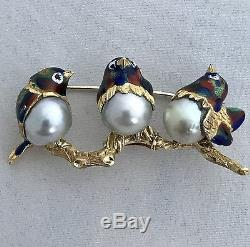 Vintage Birds Brooch Pin 18k Yg Enamel With 3 Japanese Cultured Pearls Very Rare