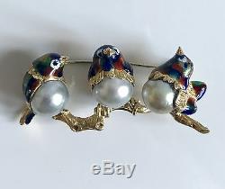 Vintage Birds Brooch Pin 18k Yg Enamel With 3 Japanese Cultured Pearls Very Rare