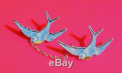 Vintage Blue Birds of Happiness Enameled Silver Double Brooch