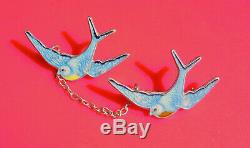 Vintage Blue Birds of Happiness Enameled Silver Double Brooch