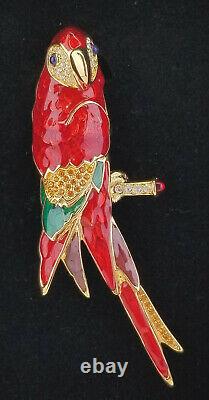 Vintage Bob Mackie POLLY WANNA COCKTAIL Red Parrot Bird Pin Rhinestone Brooch
