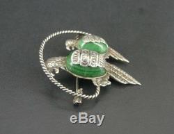 Vintage Braid Look Green Stones Parrot Birds Mexico Sterling Silver Brooch Pin