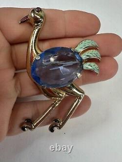 Vintage Brooch Coro Bird Ostrich Blue Glass Signed Figural Estate