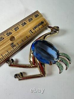 Vintage Brooch Coro Bird Ostrich Blue Glass Signed Figural Estate