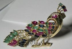 Vintage Brooch/Pendant 14K Emeralds Rubies Sapphires Dias Peacock