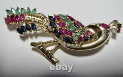 Vintage Brooch/Pendant 14K Emeralds Rubies Sapphires Dias Peacock