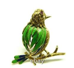 Vintage Brooch Years' 50 Italian Shaped Bird Gold Solid 18K With Ruby
