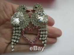 Vintage Butler & Wilson Clear Pink Crystal Glass Love Birds Heart Brooch Pin