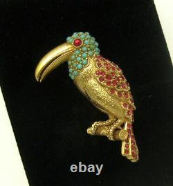Vintage CINER Figural Toucan Parrot Bird Brooch Rhinestones Turquoise Cabs
