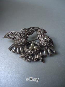 Vintage CIRO Rare Love Birds Nest Solid & Pearl Eggs Silver Paste Brooch Nr Mint