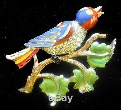 Vintage CORO Enamel BIRD on a Branch Pin Big Pave RS Colorful Brooch So Tweet