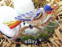 Vintage CORO Enamel BIRD on a Branch Pin Big Pave RS Colorful Brooch So Tweet