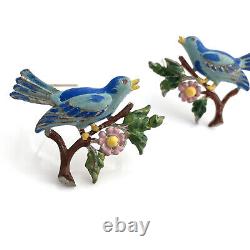 Vintage CORO Pair of Bluebird Enamel Brooches, 1940s Unsigned Flower Figural Pin