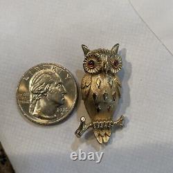 Vintage CROWN TRIFARI Brushed Gold Tone Bird of Fashion Red Eyed Owl Brooch Pin