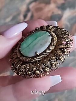 Vintage Carved Jadeite Jade Bird Silver Filigree Pin Brooch Antique