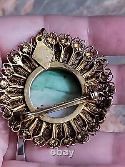Vintage Carved Jadeite Jade Bird Silver Filigree Pin Brooch Antique