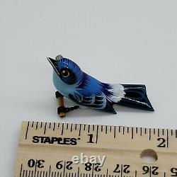 Vintage Carved Wood Hand Painted Takahashi Bluebird Bird Brooch Pin