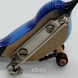 Vintage Carved Wood Hand Painted Takahashi Bluebird Bird Brooch Pin