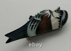 Vintage Carved Wood Hand Painted Takahashi Chickadee Bird Brooch Pin