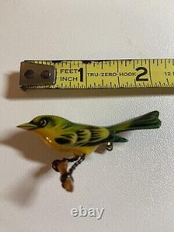 Vintage Carved Wood Hand Painted Takahashi Green Bird Brooch Pin, Excellent
