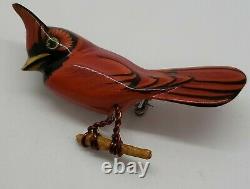 Vintage Carved Wood Hand Painted Takahashi Red Cardinal Bird Brooch Pin