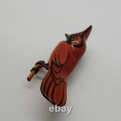 Vintage Carved Wood Hand Painted Takahashi Red Cardinal Bird Brooch Pin
