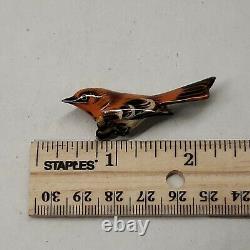 Vintage Carved Wood Hand Painted Takahashi orange Thrush Bird Brooch Pin