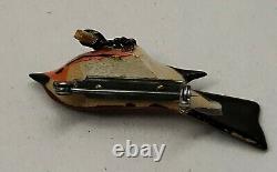 Vintage Carved Wood Hand Painted Takahashi orange Thrush Bird Brooch Pin