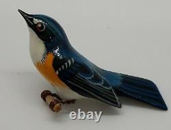 Vintage Carved Wood Hand Painted Takahashi style Bluebird Bird Brooch Pin