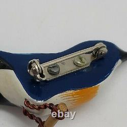 Vintage Carved Wood Hand Painted Takahashi style Bluebird Bird Brooch Pin