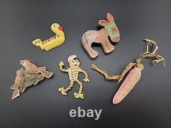 Vintage Celluloid Brooch PIN COLLECTION WOOD METAL LUCITE LOT CORN BIRDS DUCK