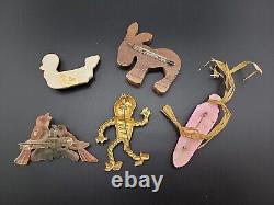 Vintage Celluloid Brooch PIN COLLECTION WOOD METAL LUCITE LOT CORN BIRDS DUCK