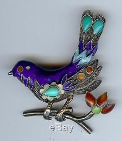 Vintage Chinese Dimensional Gold Wash Silver Enamel Turquoise Bird Pin Brooch