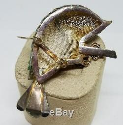 Vintage Chinese Enamel Sterling Silver Filigree Mesh Perching Bird Brooch Pin