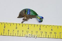 Vintage Chinese Enamel Sterling Silver Filigree Mesh Perching Bird Brooch Pin