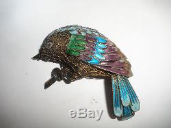 Vintage Chinese Enamel Sterling Silver gold wash Filigree Bird brooch pin
