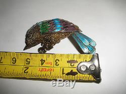 Vintage Chinese Enamel Sterling Silver gold wash Filigree Bird brooch pin