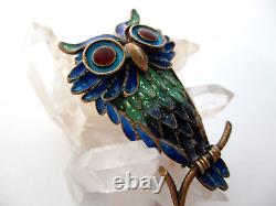 Vintage Chinese Export 800 Silver Filigree Enamel Owl Bird Brooch Pin
