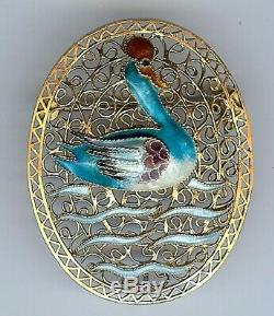 Vintage Chinese Gold Wash Silver Filigree Enamel Water Bird Duck Pin Brooch