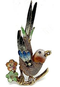 Vintage Chinese Gold Wosh Silver Filigree Enamel Bird Brooch 4.32 G