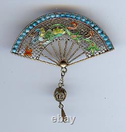 Vintage Chinese Sterling Enamel Fire-breathing Bird Fan Dangle Pin Brooch