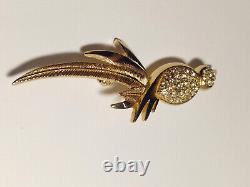 Vintage Christian Dior Signed Crystal Gold Tone Bird Brooch Pin