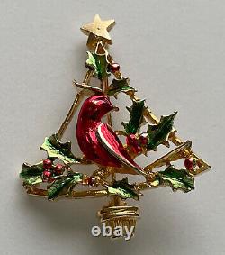 Vintage Christmas Tree Pin Brooch Red Bird Cardinal Holly Gold Enamel MCM Rare