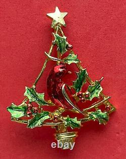 Vintage Christmas Tree Pin Brooch Red Bird Cardinal Holly Gold Enamel MCM Rare