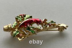 Vintage Christmas Tree Pin Brooch Red Bird Cardinal Holly Gold Enamel MCM Rare