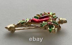 Vintage Christmas Tree Pin Brooch Red Bird Cardinal Holly Gold Enamel MCM Rare