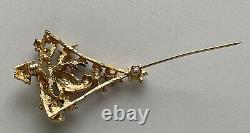 Vintage Christmas Tree Pin Brooch Red Bird Cardinal Holly Gold Enamel MCM Rare