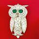 Vintage Ciner Owl Gold Tone Enamel Emerald Green Eyes Bird Brooch Pin Pendant