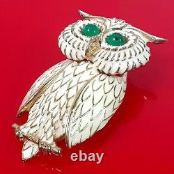 Vintage Ciner Owl Gold Tone Enamel Emerald Green Eyes Bird Brooch Pin Pendant